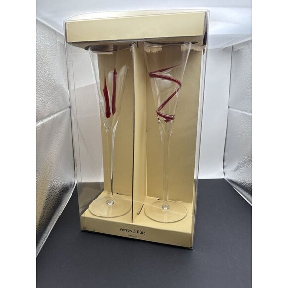 Vintage Pier 1 -Set of 4 - Red Swirl Line Flute Glass - Picture 4 of 5